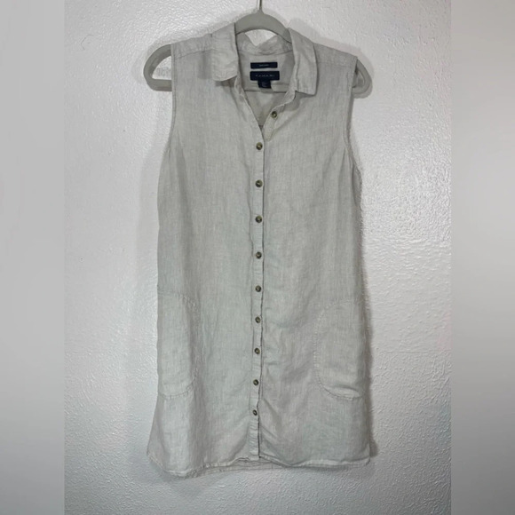 Tahari 100% Linen Beige Sleeveless Collared Button Down Shirt Dress Women Large - Picture 1 of 11